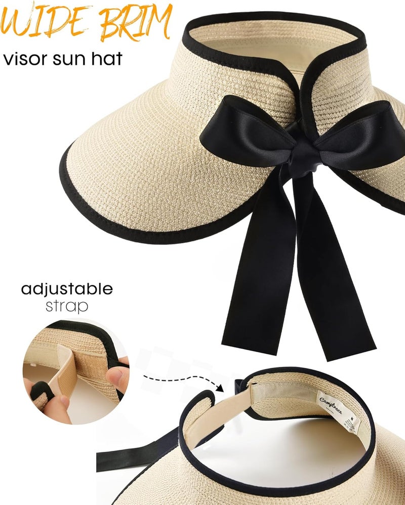 Camptrace Sun Visors for Women Wide Brim Beach Hat Foldable Straw Visor Hat Ponytail Summer Packable UPF 50+ - Image 5
